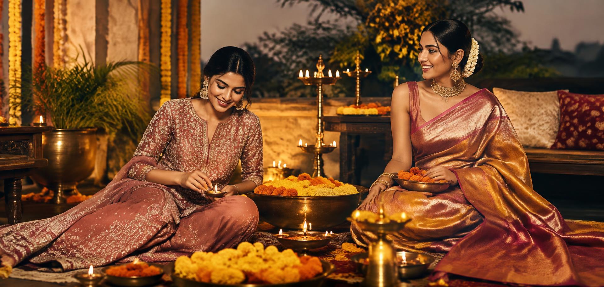 Women in festive ethnic wear lighting diyas
