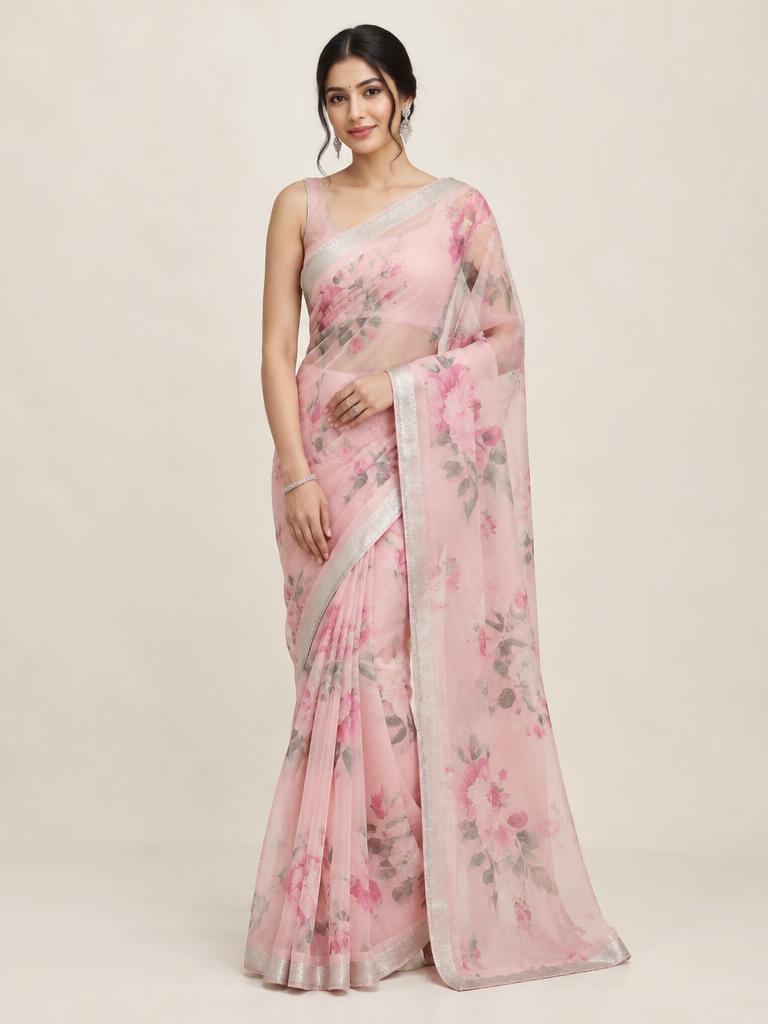 Pastel Floral Organza Saree
